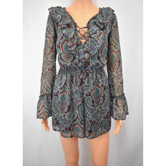 Xhilaration Lace Up Romper Size Small Boho Chic Romantic Western Paisley Ruffled - Picture 1 of 14